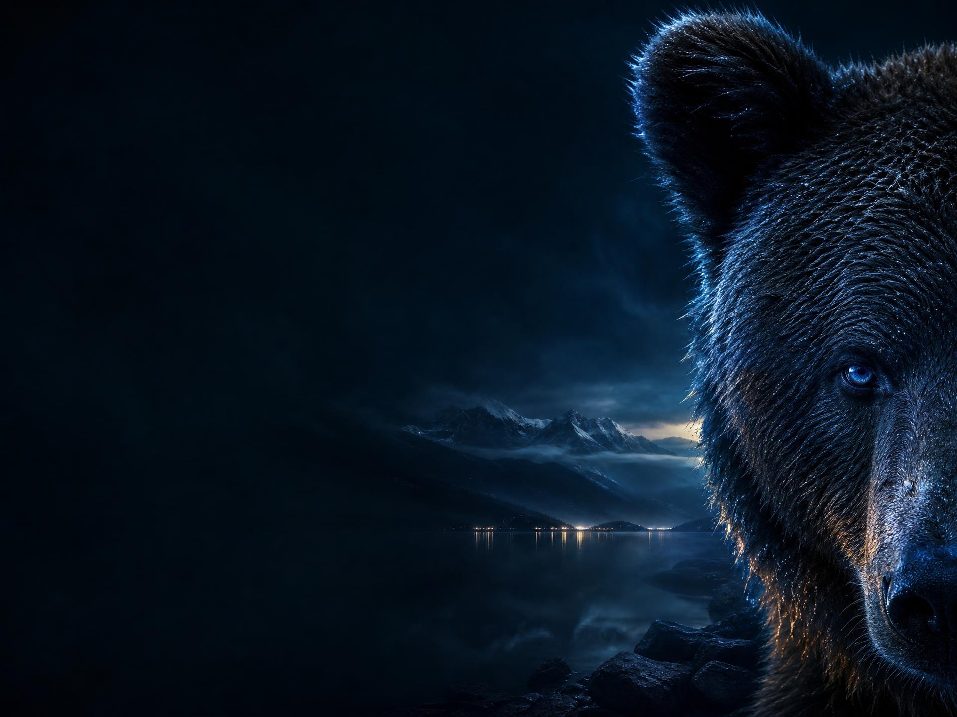 Urso realista em perfil com olho azul natural sobre um vale com lago e montanhas ao anoitecer